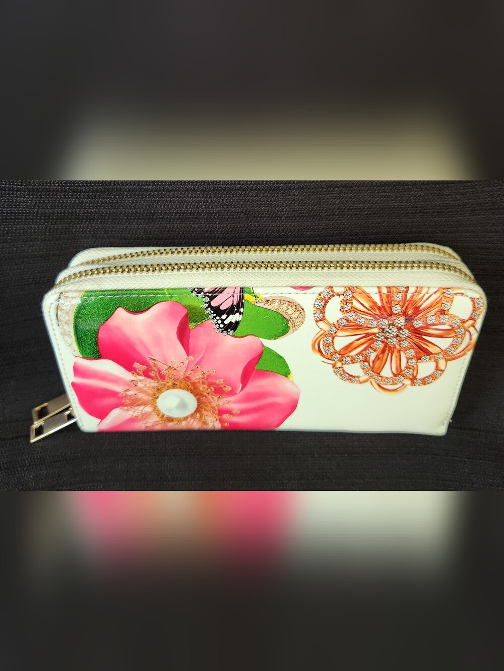 Floral Butterfly Print Double Zip Around Wallet White Patent Faux Leather Clutch - Picture 2 of 16